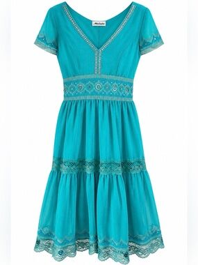 Molato Turquoise Embellished Lace Boho Midi Dress Size S